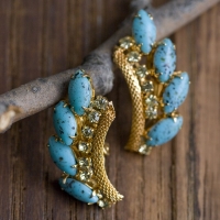 Turquoise Bud Gold Mesh & Rhinestone Earrings