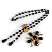 Original Haskell Dauplaise-Black Star Bead Necklace & Brooch Set