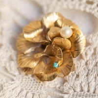 Wells-K14金-真珠とターコイズの雫フラワー・ヴィンテージ・ブローチ