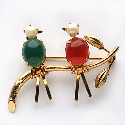 IPS-12K Gold Filled-Red Bird Green Bird Love Bird Brooch