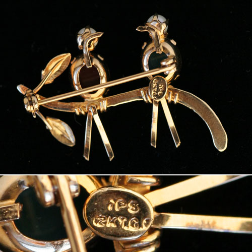 IPS-12K Gold Filled-Red Bird Green Bird Love Bird Brooch - Image 3