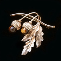 12K Gold Filled-Winard-Natural Stone Tiger Eye Acorn Brooch