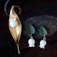 Natural Stone-12K Gold Filled-Lily Of The Valley Flower Winard-Brooch & Wre-Earrings