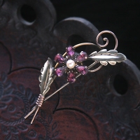 12K Gold Filled-Silver 925-Van Dell-Art Nouveau Purple Flower Brooch