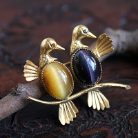 Creed-12K Gold Filled-Natural Stone-Cat'S Eye Berry Love Bird Brooch