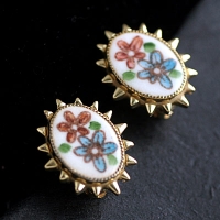 Whiting & Davis-Stud Ceramic Floral Cameo Earrings