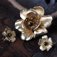 Francois-Natural Stone Tiger Eye Corsage Brooch & Earrings Set