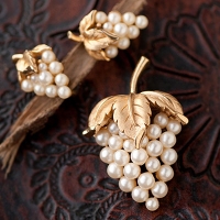Trifari-Gold Pearl Grape Brooch And Earrings Set