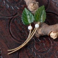 Uncas-12K Gold Filled-Jade Leaf/Pearl Fruit Duo Brooch
