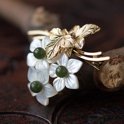 Wells-K14 Gold-Mother Of Pearl Jade Flower Brooch