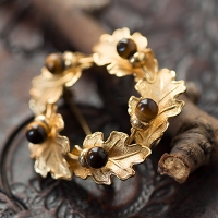 Creed-12K Gold Filled-Natural Stone Tiger Eye/Chestnut Wreath/Brooch