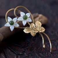 Wells-K14 Gold-Mother Of Pearl Jade Flower Mizuhiki Ribbon Brooch