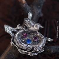 Anson: Sterling Silver 925: Three Egg Nest Silver Bird Vintage Brooch