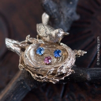 Anson-Silver 925-Three Egg Nest Gold Bird Brooch