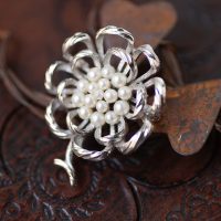 Trifari: Silver Pearl Ribbon Flower Vintage Brooch