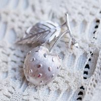 Signed Trifari Cherry Vintage Brooch: Silver Strawberry Apple Fruit