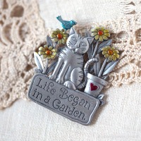 JJ-Cat And Blue Bird Vintage Garden Brooch