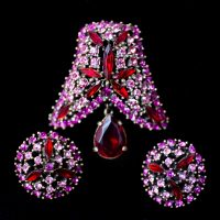 Vintage Brooch and Earring Set: Magenta and Red Rhinestone Bell