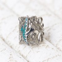Vintage G & S Biker Ring: Gordon Smith Silver and Turquoise Inlay Blue Bird and Flowers, Pinky Ring